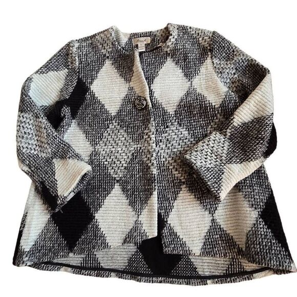 Aris A Womens Diamond Button Front Wool Blend Cardigan Jacket Black White XL - Picture 2 of 12